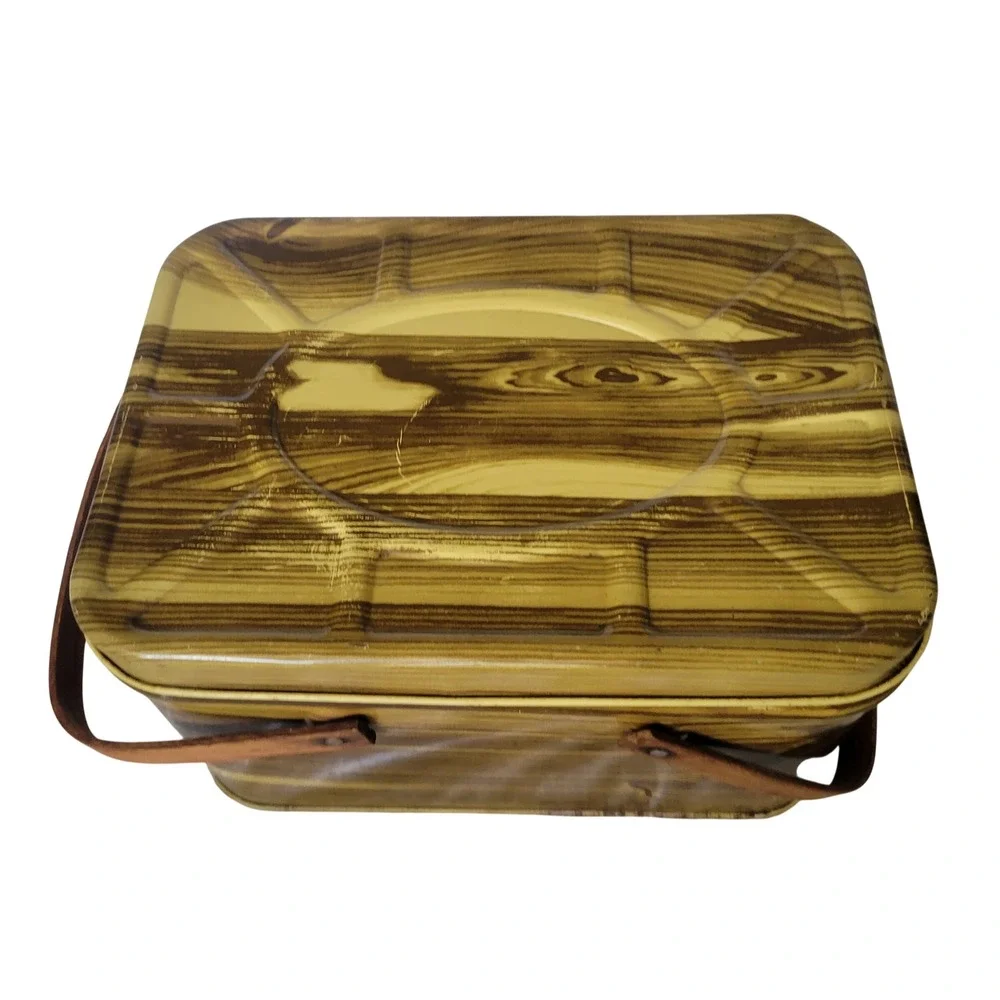 Vintage 50s Metal Picnic Basket Faux Wood Grain Tin Litho Wood Handles Yellow